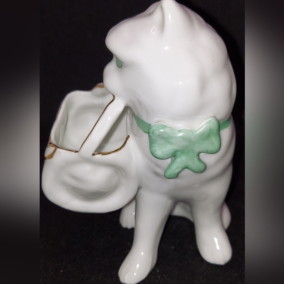 Vista Alegre Portuguesa Cat Figurine W/Basket Green Eyes Tooth Pick Holder - Picture 2 of 7